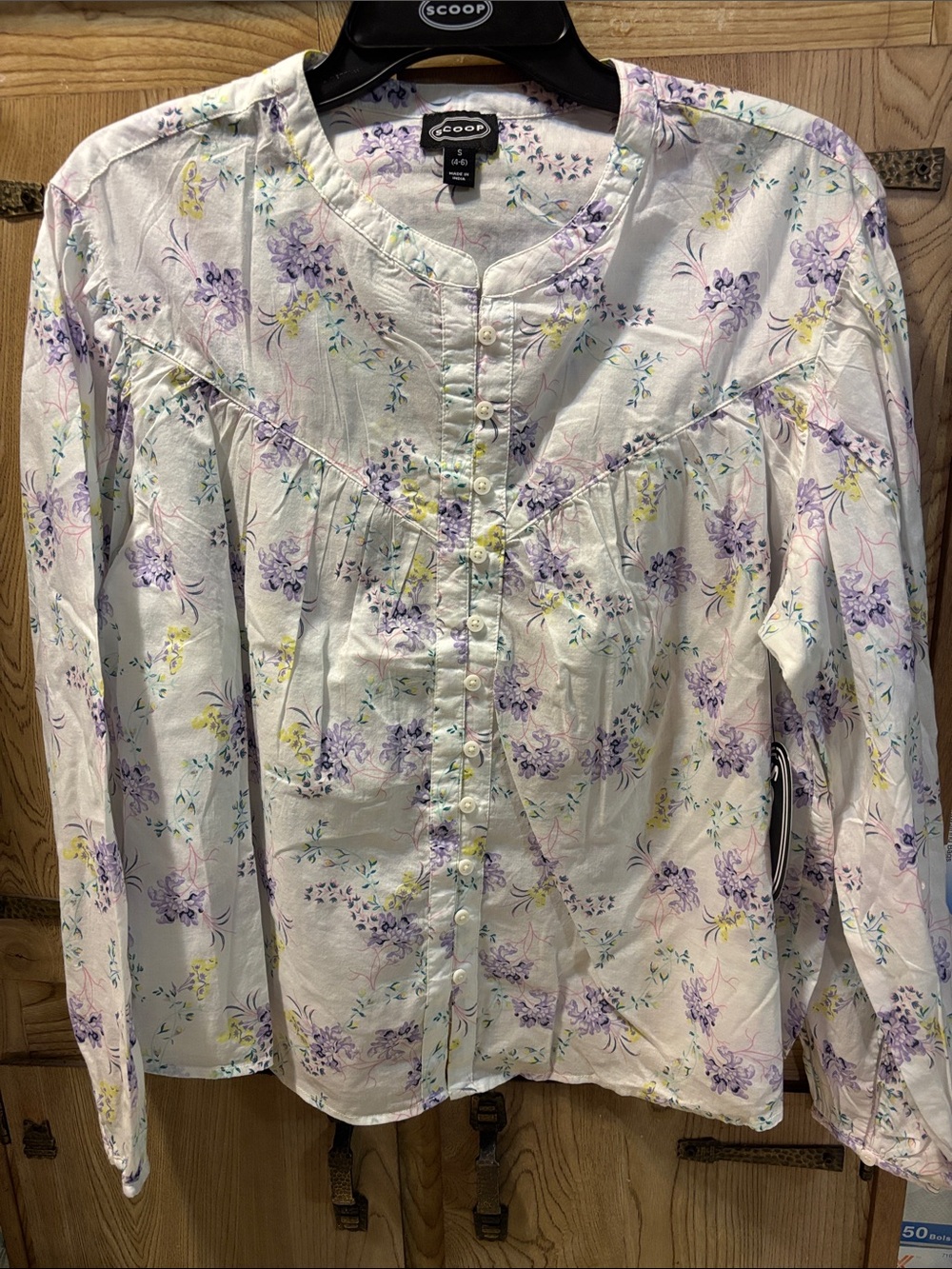 Women's Flowy Cotton Blouse white base purple and yellow floral print size S 4/6